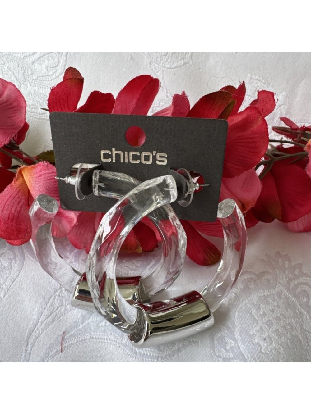 Chico's Chunky Thick Clear Acrylic Hoops Silver Tone Trim Earrings 2.5" NEW $29